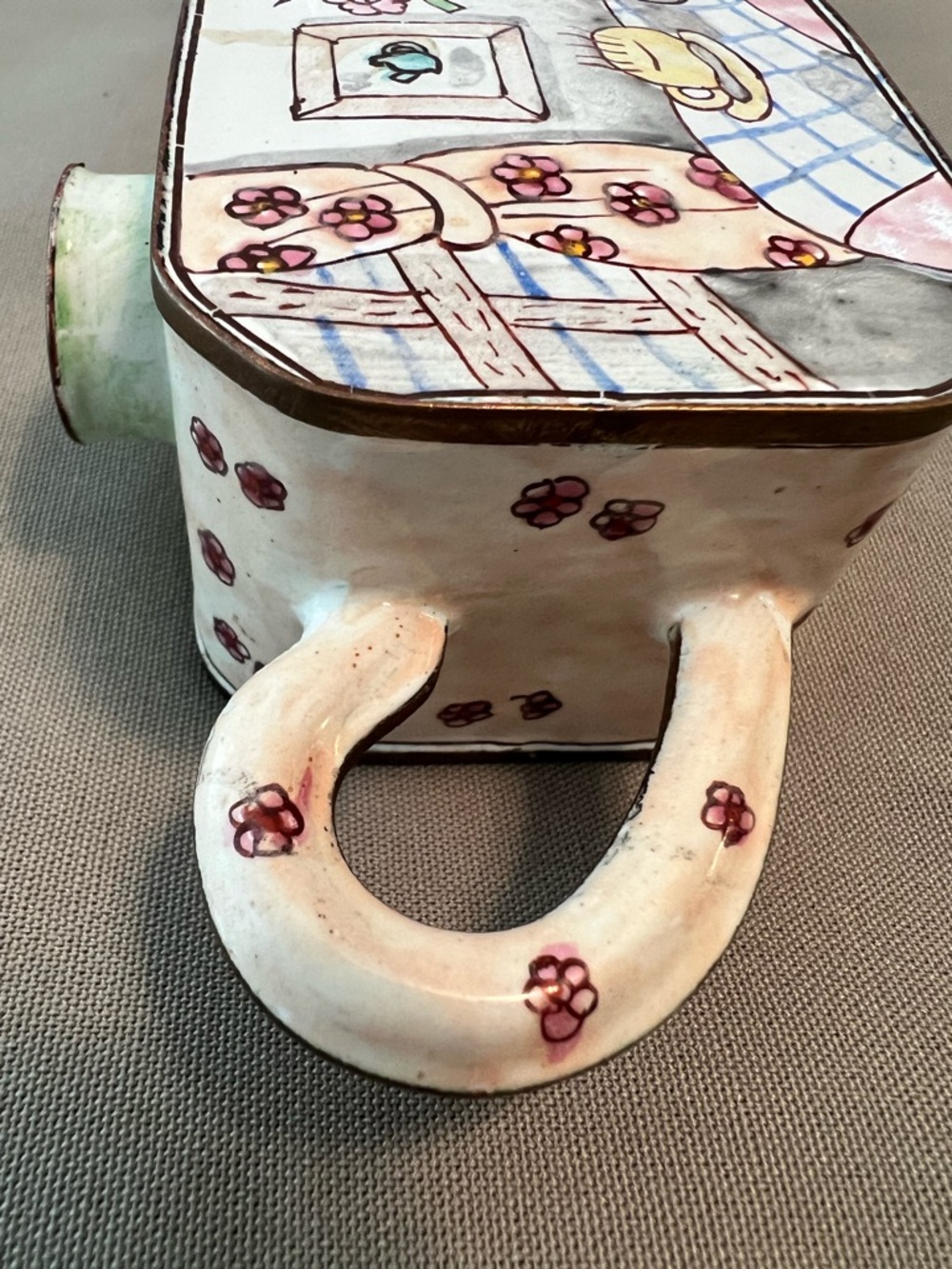 Enameled Miniature Teapot Collectible in Cream with Kitchen Floral Design - Picture 7 of 8